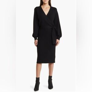 Charles Henry Long Sleeve Faux Wrap Sweater Dress In Black Size Medium NWOT